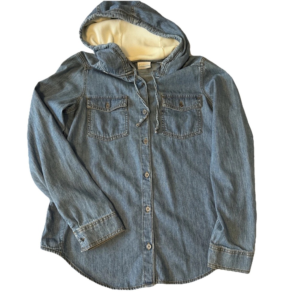 Columbia Distressed Blue Denim Button Up Hoodie Shirt‎ Jacket Women's M Layering